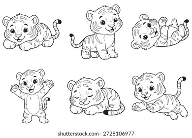 Cute Baby Tiger Conjunto de Caracteres Ilustração Vetor para Livro de Coloração
