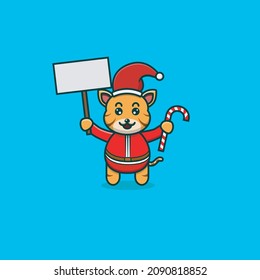 Cute Baby Tiger Christmas With Candy and Blank Banner. Character, Mascot, Icon, and Cute Design. Vector and Illustration.