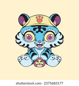 Arte vectorial de tigre de bebé y muñecas daruma