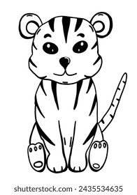 Cute baby tiger in doodle style. Vector illustration