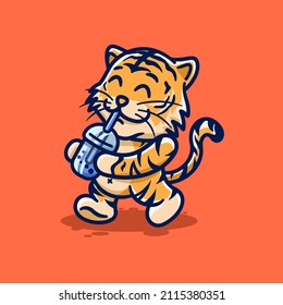 Cute baby tiger drinking boba cartoon kawaii