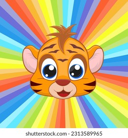 Cute baby tiger face on colorful background. Cartoon style character. Happy baby tiger nursery art, Perfect illustration for t-shirt wear, print design, greeting card, baby shower, party invitation