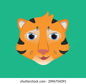 Cute baby tiger face portrait icon. Symbol of Chinese New Year 2022 in cartoon flat style. Vector illustration isolated on blue background