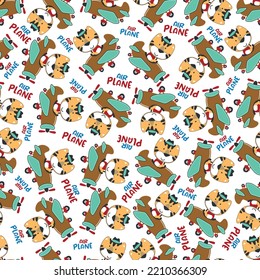 cute baby tiger flying on a plane. cartoon hand drawn vector illustration. Can be used for t-shirt print, Creative vector childish background for fabric textile, nursery wallpaper and other decoration
