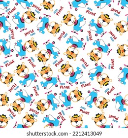 Cute baby tiger flying on a plane. cartoon hand drawn vector illustration. Can be used for t-shirt print, Creative vector childish background for fabric textile, nursery wallpaper and other decoration