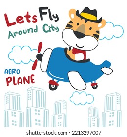 Cute baby tiger flying on a plane. cartoon hand drawn vector illustration. can be used for kids baby t shirt print design, fashion graphic, baby shower card, celebration greeting and invitation card