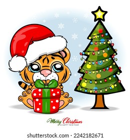 Cute Baby Tiger with gift and christmas tree in Santa hat on a blue background with snowflacks and text