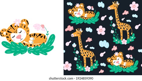 Cute baby tiger and giraffe. Set of vector seamless patterns and illustrations. Nursery print. Vector hand drawn childish illustration