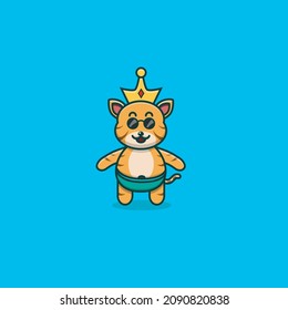 Cute Baby Tiger With Golden Crown. Character, Mascot, Icon, and Cute Design. Vector and Illustration.