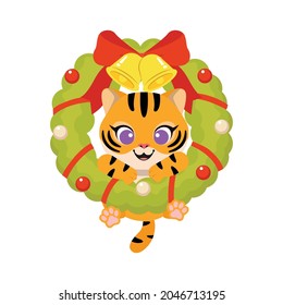 Cute baby tiger hanging on Christmas wreath decoration. Flat vector cartoon design