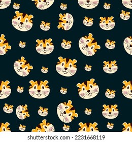 Cute baby tiger head seamless pattern. Funny animal faces background. Baby bedclothes, scrapbooking or wrapping paper, fabric kids design. vector 