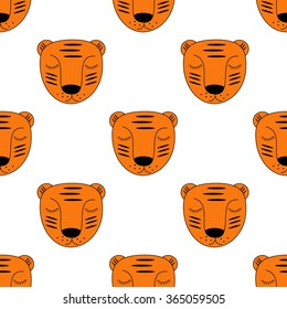 Cute baby tiger head seamless pattern. Child drawing style wild animal background. Tiger illustration.