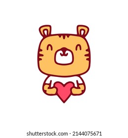 Cute baby tiger holding heart, illustration for t-shirt, sticker, or apparel merchandise. With doodle, retro, and cartoon style.