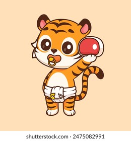Cute Baby Tiger Holding Steak Meat Cartoon Vector Icon Illustration. Animal Food Icon Concept Isolated Premium Vector. Flat Cartoon Style