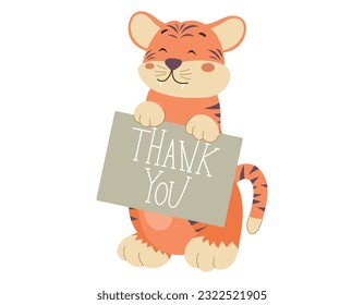 Cute baby tiger holding a thank you board. Vector isolated cartoon funny wild animal.