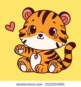 Cute Baby Tiger illustration with love reaction, Flat style design