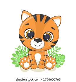Cute baby tiger illustration. Vector illustration for baby shower, greeting card, party invitation, fashion clothes t-shirt print.