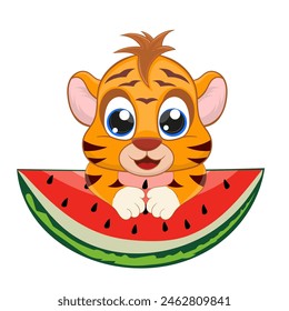 Cute baby tiger with a large slice of ripe watermelon. Suitable baby lion illlustration for children's books, educational materials