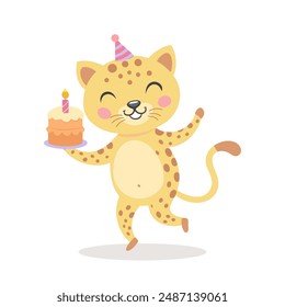 Cute baby tiger, leopard with a cake in a party hat. Birthday greetings for children. Illustration, postcard, print for clothes