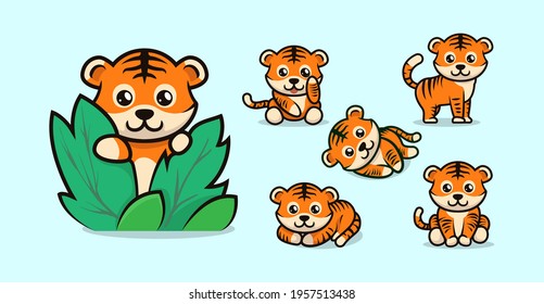 Cute baby tiger mascot design with various pose vector template