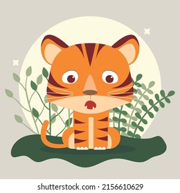 cute baby tiger on leaves background illustration