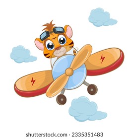 Cute baby tiger pilot on a plane in the sky. Children's illustration with a baby tiger. Perfect illustration for t-shirt wear, nursery print designs, greeting card, baby shower, party invitation 