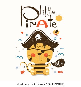 Cute baby tiger  in a  pirate  suit cartoon hand drawn vector illustration. Can be used for baby t-shirt print, fashion print design, kids wear, baby shower celebration greeting and invitation card.