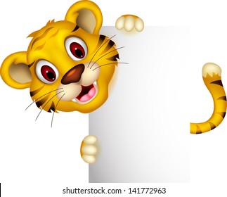 cute baby tiger posing with sign