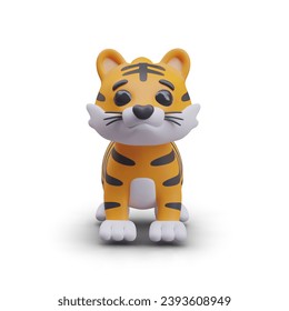 Cute baby tiger in realistic style with orange fur with black stripes. Safari animal on white background. Vector illustration in 3D style with shadow and place for text