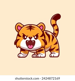 Cute Baby Tiger Roaring Cartoon Vector Icon Illustration. Animal Nature Icon Concept Isolated Premium Vector. Flat Cartoon Style