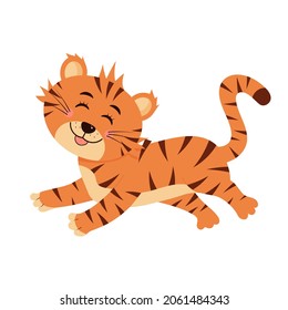 Cute baby tiger is running and smiling. Cartoon vector illustration.