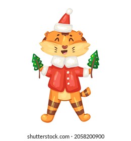 cute baby tiger Santa with Christmas tree