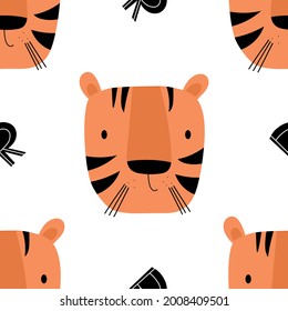 Cute baby tiger cute seamless pattern vector illustration. Ideal for baby goods, holiday wrapping paper.