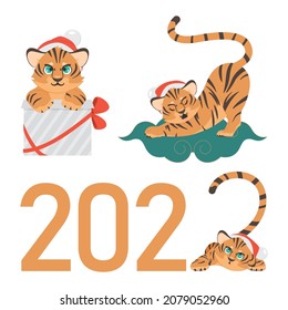 Cute baby tiger set. A symbol of a new 2022 year. Chinese new year greeting card decoration. Flat vector illustration