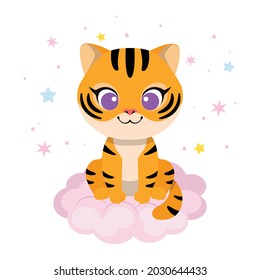 Cute baby tiger sit on the cloud. Baby shower clipart