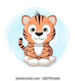 Cute baby tiger sits on a background of pastel sky. Animal stickers. Vector EPS 10