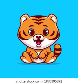 Cute Baby Tiger Sitting Cartoon Vector Icon Illustration. Animal Nature Icon Concept Isolated Premium Vector. Flat Cartoon Style