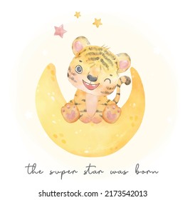 cute baby tiger sitting on crescent moon with star, super star was born, watercolor nursery animal cartoon painting vector