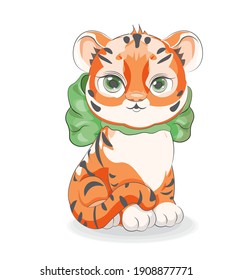 cute  baby tiger symbol 2022, 2034 new year with bow, picture in hand drawing cartoon style, for t-shirt wear fashion print design, greeting card, postcard. baby shower. party invitation