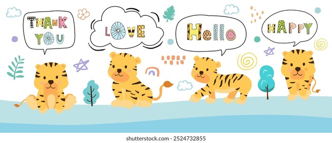cute baby tiger template banner with hello,thank you for horizontal design