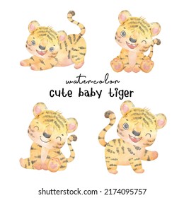 Cute Baby Tiger Watercolor Hand Drawing Painting Collection, Nursery Animal Illustration