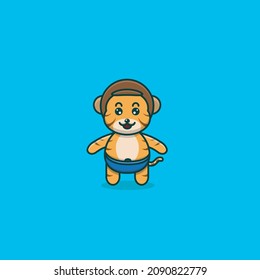 Cute Baby Tiger Wearing Helmet. Character, Mascot, Icon, and Cute Design. Vector and Illustration.