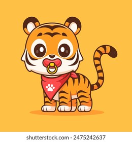 Cute Baby Tiger Wearing Pacifier Cartoon Vector Icon Illustration. Animal Nature Icon Concept Isolated Premium Vector. Flat Cartoon Style