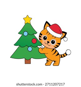 Bebê tigre bonito usando minúsculo chapéu de Papai Noel decorando árvore de Natal, ilustração de férias adorável para cartões de saudação e desenhos festivos.