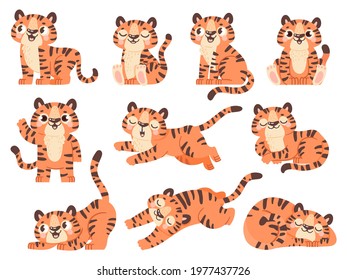 Cute baby tigers. Cartoon jungle animal for kids design. Tiger poses in sleep, sit, play and roar. 2022 new year symbol character vector set. Illustration tiger animal, cat jungle, wild mammal mascot