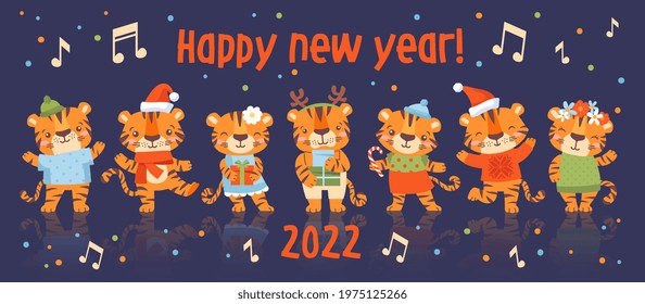 Cute baby tigers new year party, symbol of 2022 year with happy dancing tigers. Set of isolated flat cartoon vector illustrations. Funny banner or design template