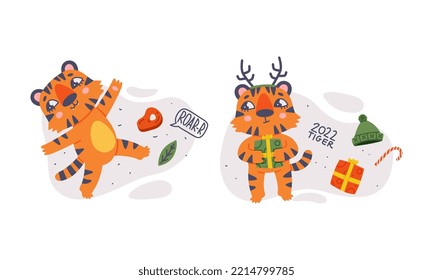 Cute baby tigers set celebrating New Year. Funny orange striped jungle wildcat characters cartoon vector illustration