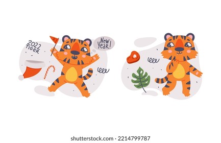 Cute baby tigers set. Funny orange striped jungle wildcat character celebrating New Year cartoon vector illustration
