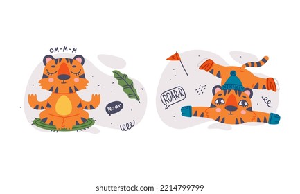 Cute baby tigers set. Funny orange striped jungle wildcat character skating and meditating. Happy New Year cartoon vector illustration