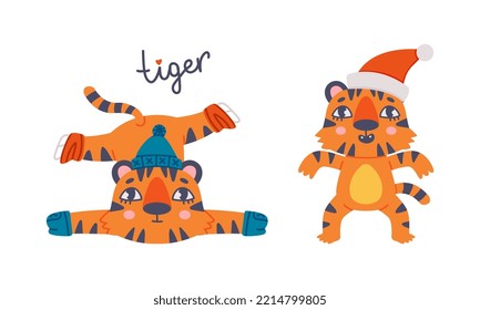 Cute baby tigers set. Funny orange striped jungle wildcat character in winter activities. Happy New Year cartoon vector illustration